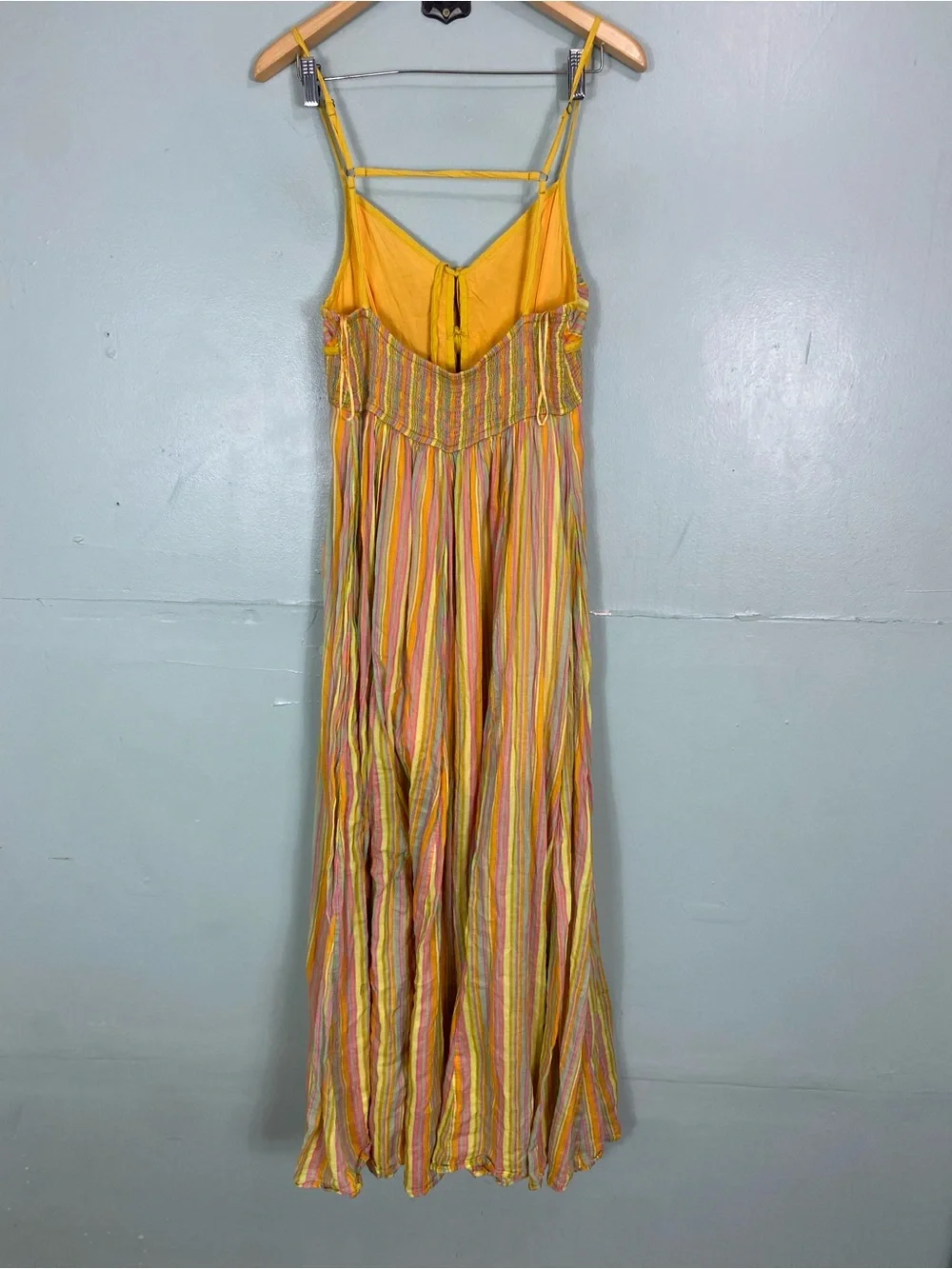 Free People Dream Weaver Maxi Dress Striped Yellow Rainbow Multi Sundress Large